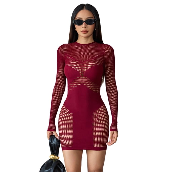 Women’s Sheer Mesh Bodycon Mini Dress, Long Sleeve Fishnet Cutout Party Club Dress