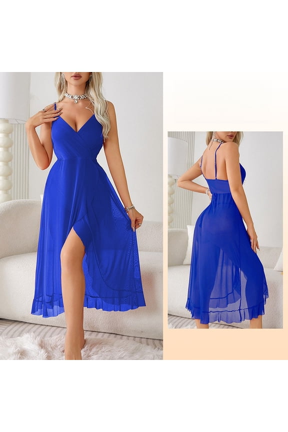 Women's Sheer Mesh Cami Nightgown - V-Neck Spaghetti Strap Midi Sleep Dress with Slit, Available in Royal Blue, Black, White, Burgundy & Hot Pink for Lingerie & Loungewear