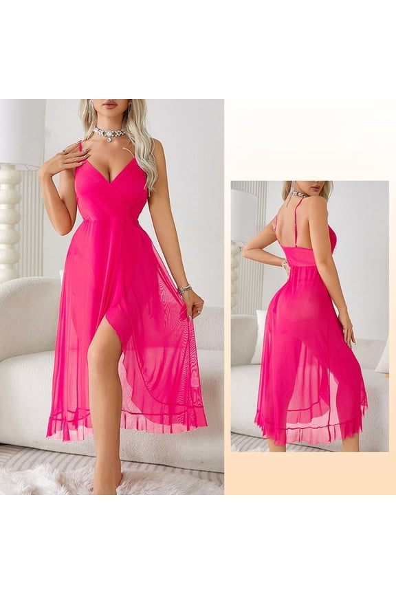 Women's Sheer Mesh Cami Nightgown - V-Neck Spaghetti Strap Midi Sleep Dress with Slit, Available in Royal Blue, Black, White, Burgundy & Hot Pink for Lingerie & Loungewear