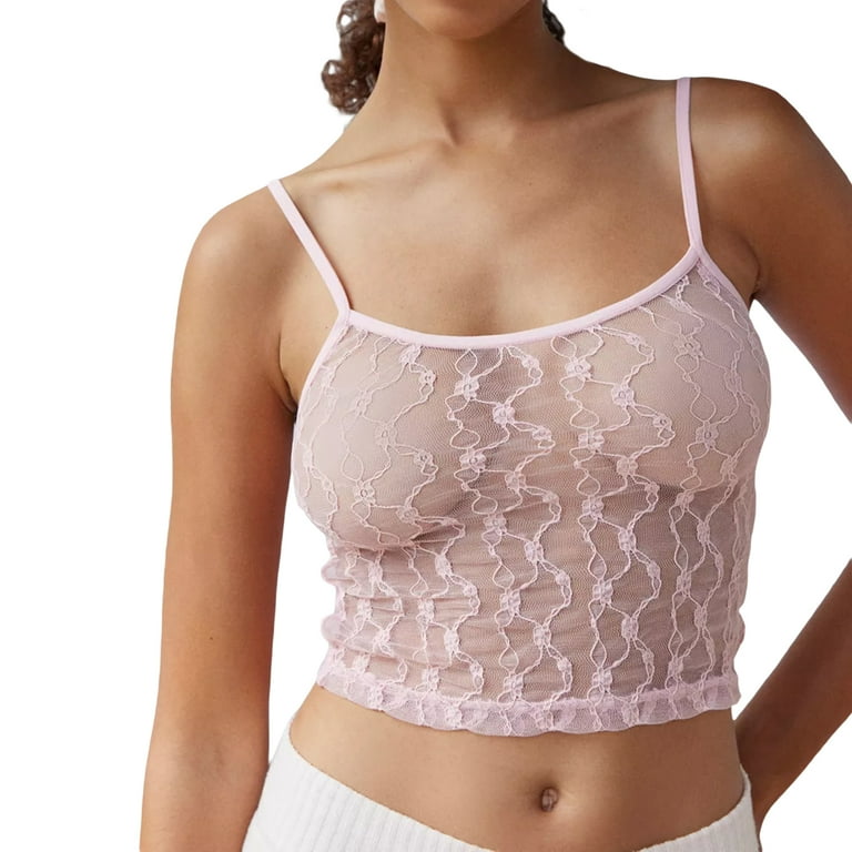 Women s Sheer Mesh Cami Tops Slim Lace Embroidery See Through Square Neck Sleeveless Solid Short Vest for Summer Walmart