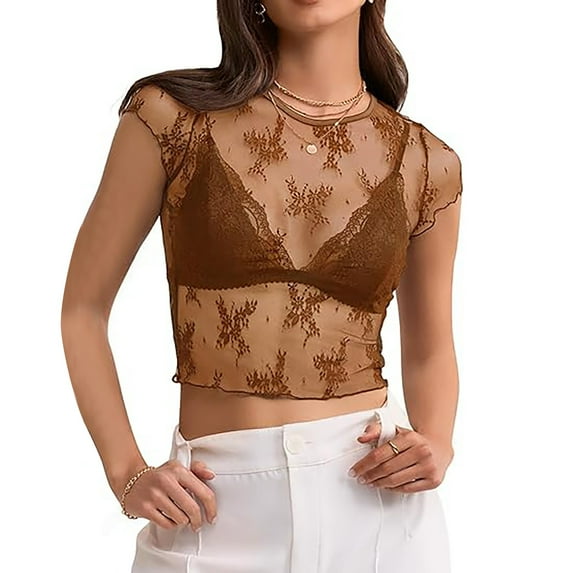 Women's Sheer Mesh Cap Sleeve Crop Top Crewneck Summer Sexy Lace See Through Blouse Shirts