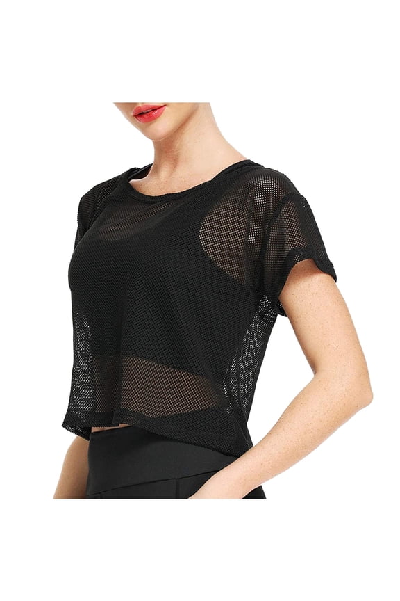 Women's Sheer Mesh Crop Top Crewneck Short Sleeve Solid Net Tee Shirt Soft Casual Breathable Summer Fashion Blouse