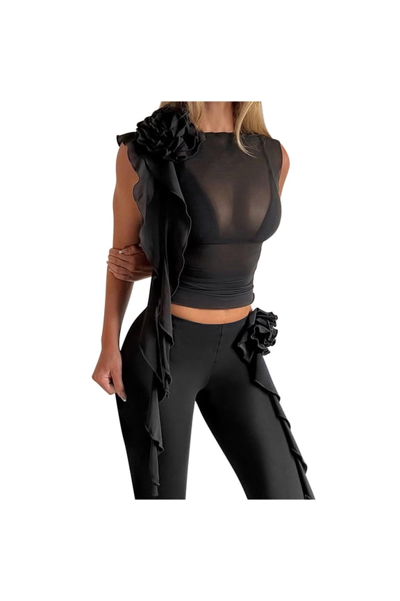 Women's Sheer Mesh Crop Top High Crew Neck Bodycon Ruffle Flower Corsage Blouse Ruched Going Out Shirt for Prom Date Night, Black, M