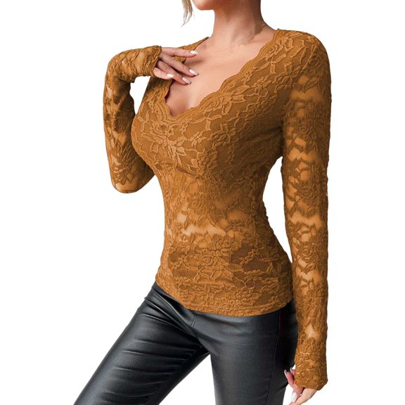 Women's Sheer Mesh Long Sleeve Blouse with V-Neck and Floral Lace Elegant Lace Detail Tee Shirt Oversized T-shirts Short Sleeve Crewneck Casual Tops