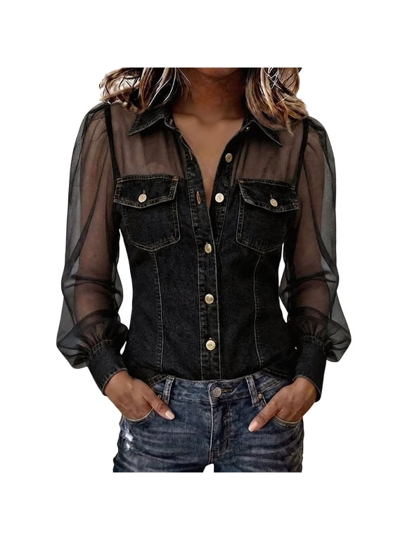 Women's Sheer Mesh Long Sleeve Denim Shirt Sexy Puff Sleeve Button Down See Through Lace Patchwork Denim Blouse Jean Tops Black XL