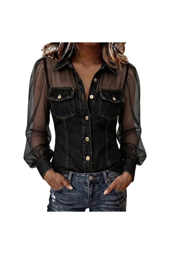 Women's Sheer Mesh Long Sleeve Denim Shirt Sexy Puff Sleeve Button Down See Through Lace Patchwork Denim Blouse Jean Tops Black XL