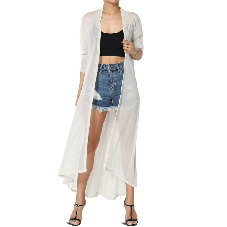 Women's Sheer Mesh Long Sleeve Open Front Maxi Cardigan Mid-Calf