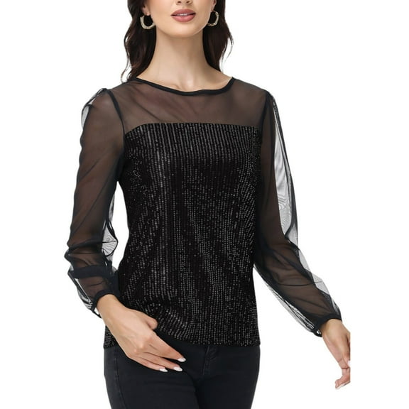 Women's Sheer Mesh Long Sleeve Top with Sequin Front Panel and Crew Neckline - Large, Black