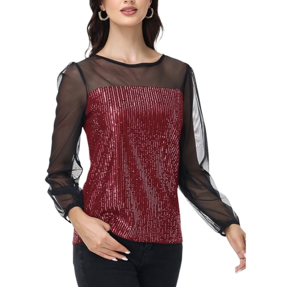 Women's Sheer Mesh Long Sleeve Top with Sequin Front Panel and Crew Neckline - Large, Burgundy