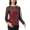 thumbnail image 1 of Women's Sheer Mesh Long Sleeve Top with Sequin Front Panel and Crew Neckline - Medium, Burgundy, 1 of 7