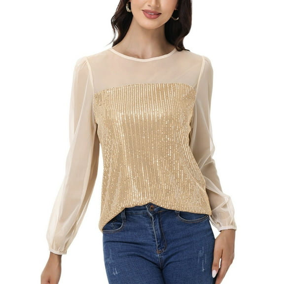 Women's Sheer Mesh Long Sleeve Top with Sequin Front Panel and Crew Neckline - Small, Rose Gold