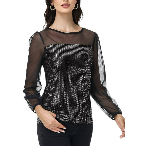 Women's Sheer Mesh Long Sleeve Top with Sequin Front Panel and Crew Neckline - X Large, Black and Silver