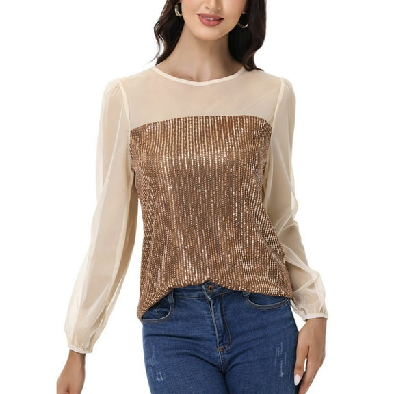 Women's Sheer Mesh Long Sleeve Top with Sequin Front Panel and Crew Neckline - X Large, Brown