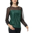 thumbnail image 1 of Women's Sheer Mesh Long Sleeve Top with Sequin Front Panel and Crew Neckline - X Large, Green, 1 of 7