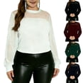 thumbnail image 1 of Women's Sheer Mesh Panel Rhinestone Crewneck Long Sleeve Blouse Tops Shirts Tunic Solid Color Hollow Out Loose Fit Casual Daily Wear Work Office Party Night Out Fashion Essential Gift for Women, 1 of 9