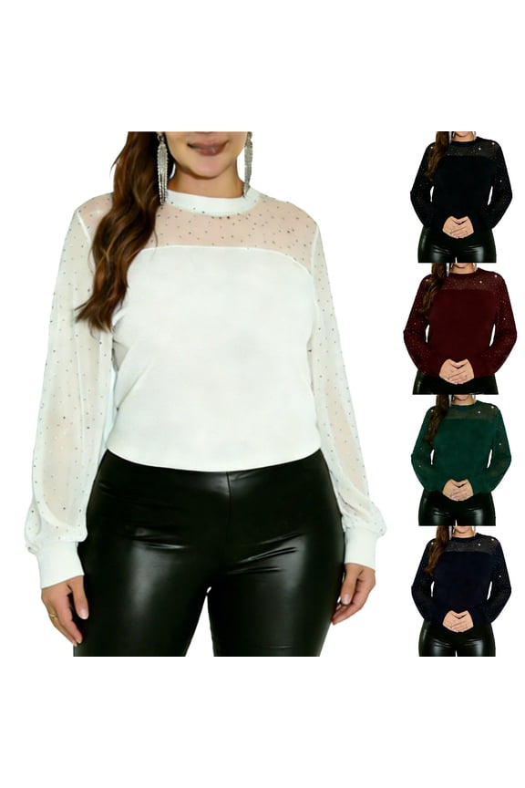 Women's Sheer Mesh Panel Rhinestone Crewneck Long Sleeve Blouse Tops Shirts Tunic Solid Color Loose Fit Casual Daily Wear Work Office Party Night Out Fashion Essential Gift