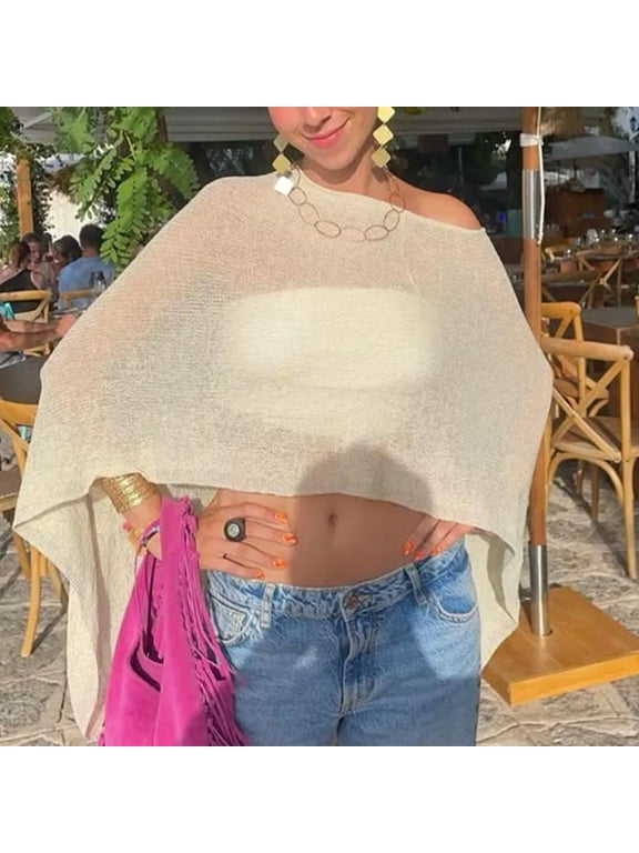 Women's Sheer Mesh Poncho, Lightweight Open Knit Beach Cover Up with Crochet Design, Breezy Summer Shawl for Travel and Casual Wear, Versatile Lace Style Pullover for Evening and Vacation Use Beige