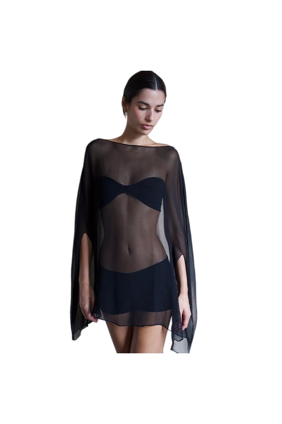 Women's Sheer Mesh Poncho Top, Chiffon See-Through Cape with Boat Neck and Bat Sleeve, Lightweight Loose Fit Shawl Cover Up for Evening Dress, Wedding Guest, and Beach - Black