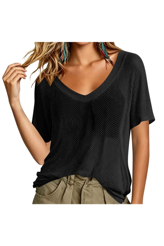 Women's Sheer Mesh Shirts V Neck Short Sleeve Cover Up Top, Loose Fit Beach Swim Coverup Casual Shirt See Through Streetwear