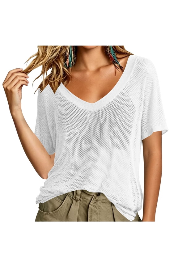 Women's Sheer Mesh Shirts V Neck Short Sleeve Cover Up Top, Loose Fit Beach Swim Coverup Casual Shirt See Through Streetwear