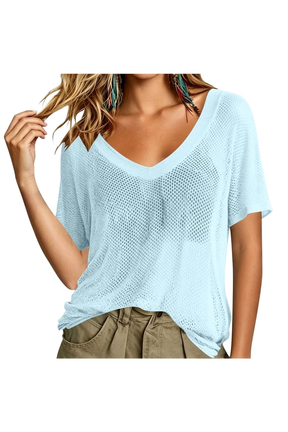 Women's Sheer Mesh Shirts V Neck Short Sleeve Cover Up Top, Loose Fit Beach Swim Coverup Casual Shirt See Through Streetwear