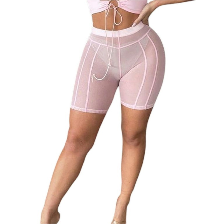 Women's Sheer Mesh Short Pants Charming See Through Body-Shaping Streak  Attirewear Solid High Waist Quick Drying Gym Shorts Clubwear 