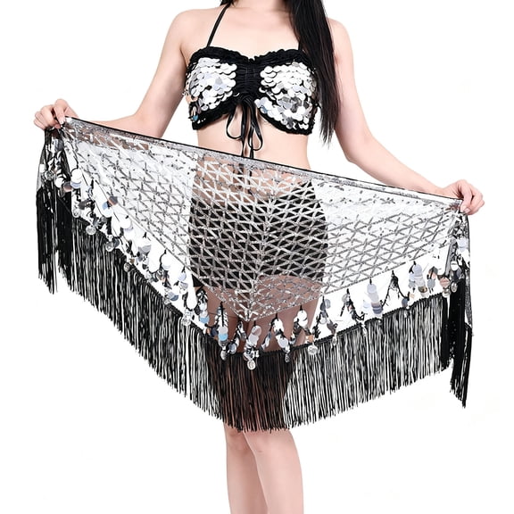 Women's Sheer Mesh Sparkly Belly Dance Skirt Sequin Sexy Tassel Wrap Waist Chain Fringe Hip Scarf for Festival Party