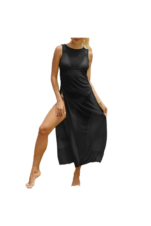 Women's Sheer Mesh Swimsuit Cover Up Sleeveless High Split Drawstring Sexy Beach Bikini Cover Up Dress,Black,Free Size