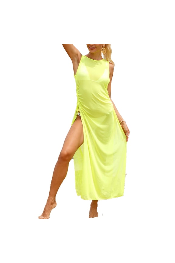 Women's Sheer Mesh Swimsuit Cover Up Sleeveless High Split Drawstring Sexy Beach Bikini Cover Up Dress,Yellow,Free Size