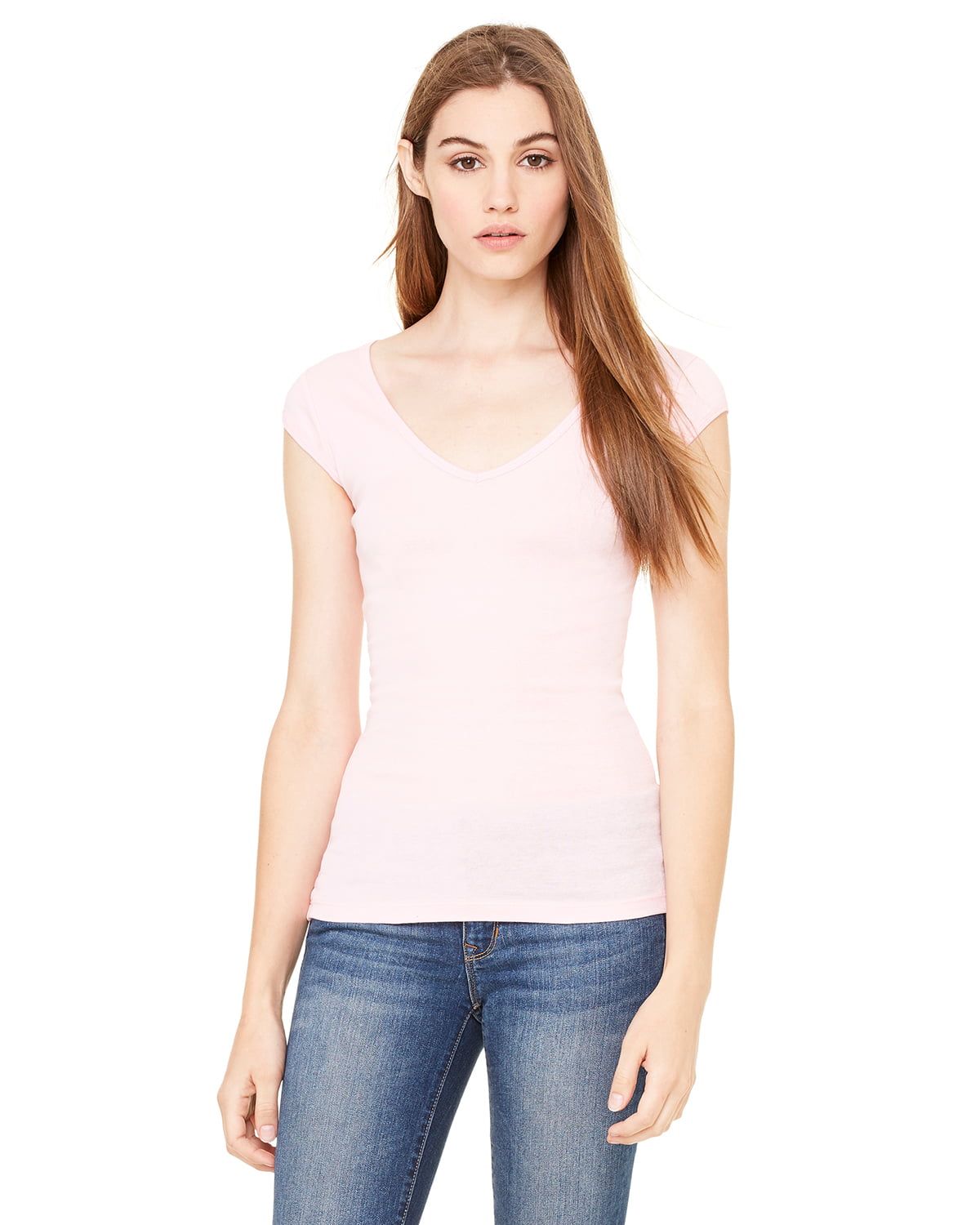 Women's Sheer Mini Rib Cap-Sleeve Deep V-Neck T-Shirt - Walmart.com