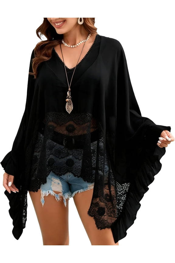 Women's Sheer Poncho Top Knit Shawl Shrug Summer Lace Lightweight See-Through Cover Up Beach Casual Wear