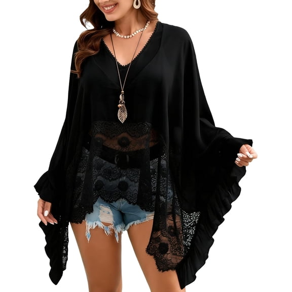 Women's Sheer Poncho Top Knit Shawl Shrug Summer Lace Lightweight See-Through Cover Up Beach Casual Wear
