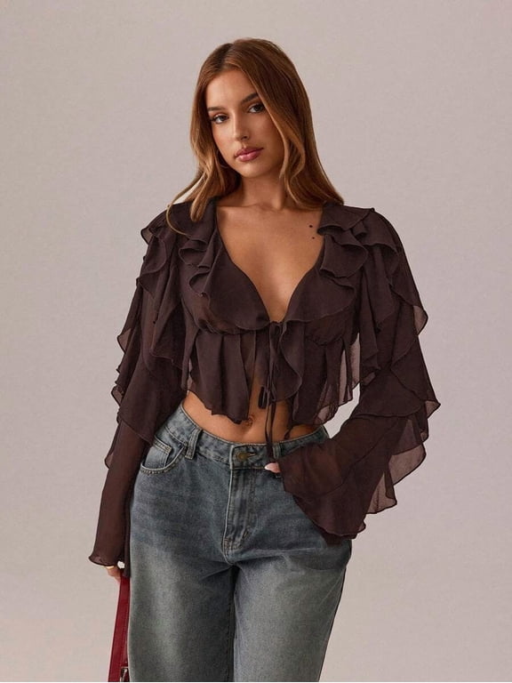 Women's Sheer Ruffle Trim Top Tie Front Long Sleeve Cropped Blouse Sexy Chic Style for Night Out Party Clubwear & Going Out