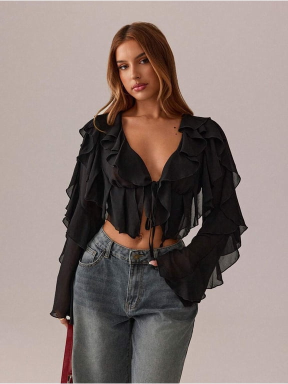 Women's Sheer Ruffle Trim Top Tie Front Long Sleeve Cropped Blouse Sexy Chic Style for Night Out Party Clubwear & Going Out