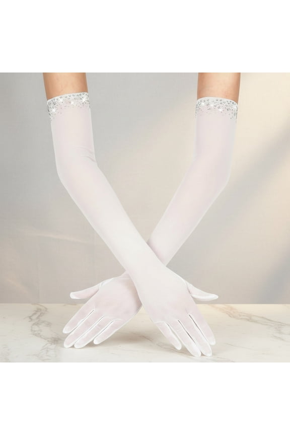 Women's Sheer Tulle Mesh Long Opera Gloves with Beads for Wedding, Prom & Party
