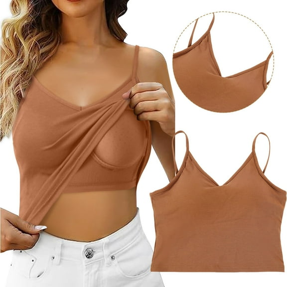 Women's Shelf Bra Camisole Tops Adjustable Spaghetti Strap Cami Tank Tops Cotton Undershirts Khaki,S