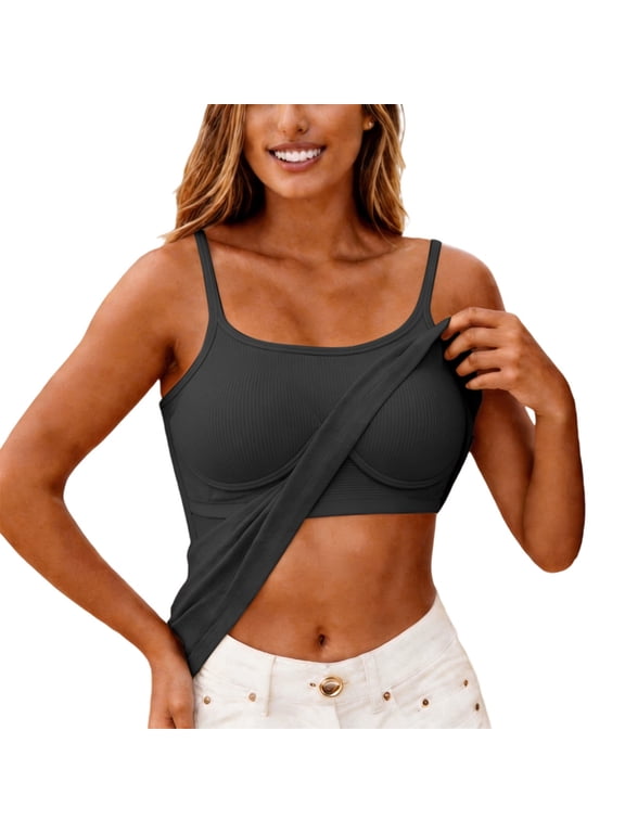 Women's Shelf Bra Tank Top, Adjustable Spaghetti Strap Cami with Built-In Bra, Soft Padded Layering Camisole for Summer, Black