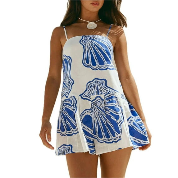 Women's Shell Print Sleeveless Summer Mini Dress 100% Polyester Lightweight No Stretch Easy Care Daytime Party Ready