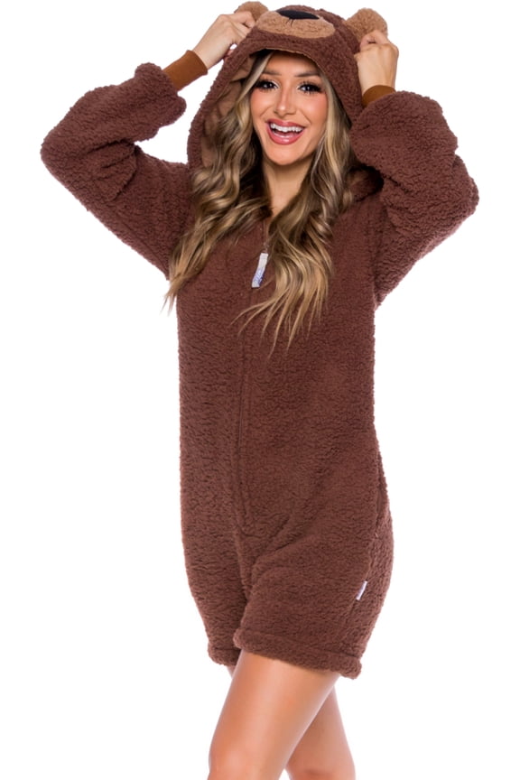Women's Sherpa Bear One Piece Romper - Animal Costume (Large, Brown)