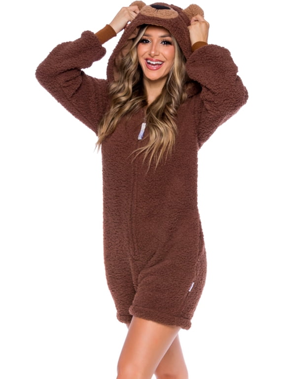 Women's Sherpa Bear One Piece Romper - Animal Costume (Medium, Brown)