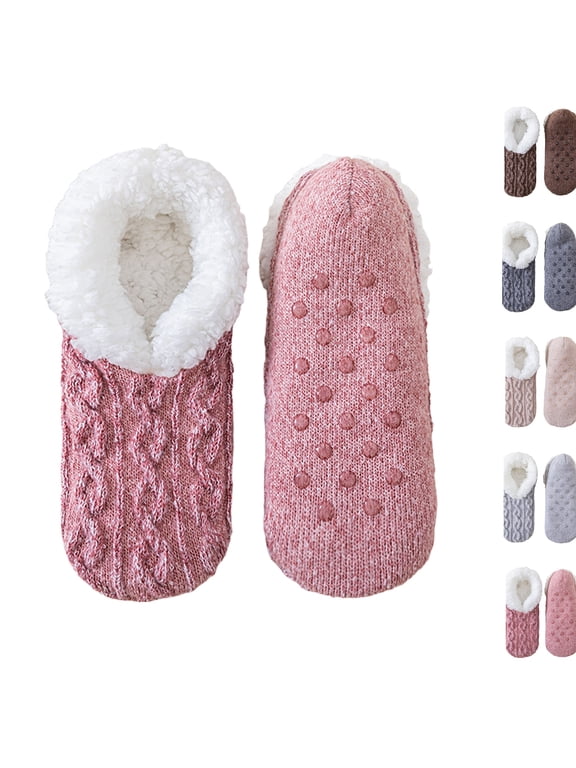 Women's Sherpa Cable Knit Slipper Socks, Closed Back Slip On House Sock, Non Slip Warm Indoor Socks, Soft Fuzzy Thermal Floor Socks for Home Pink