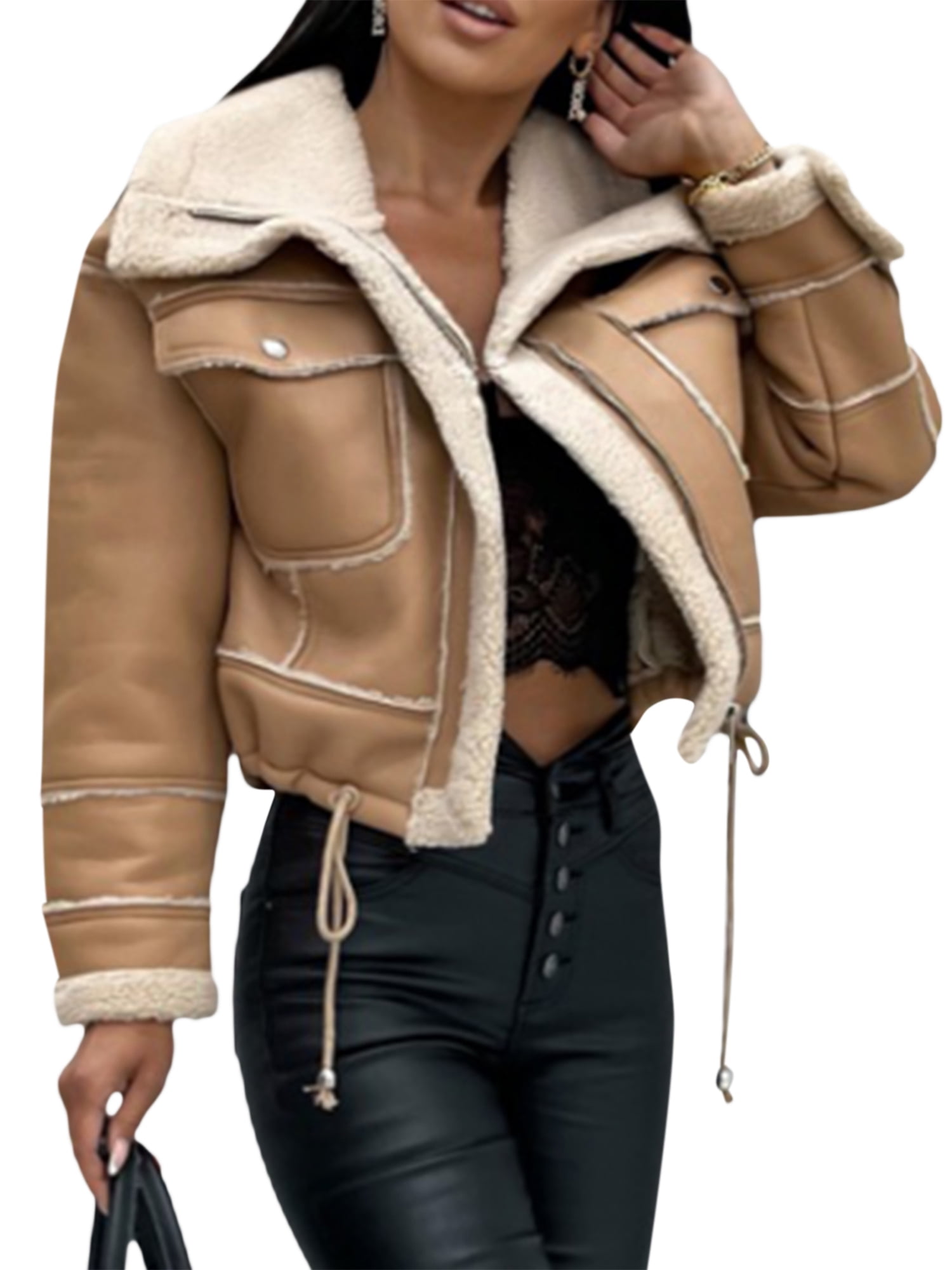 Women's Sherpa Faux Leather Trucker Jacket Cropped Suede Leather Motorcycle  Bomber Jacket