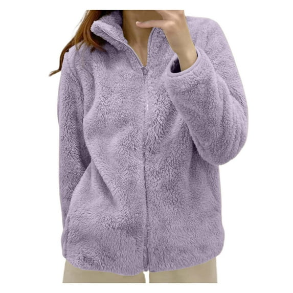 Women's Sherpa Full-Zip Cozy Jacket, Lightweight Loose Fit Thermal Outerwear, Solid Color, [Size]