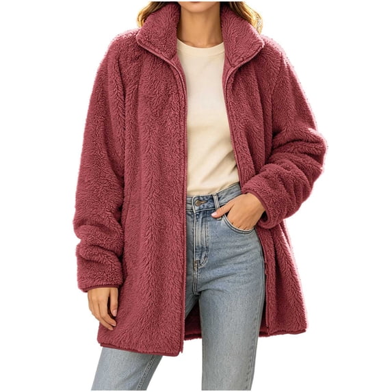 Women's Sherpa Fleece Full-Zip Jacket Ghalytn Stand-Up Collar Mid-Length Loose Warm Winter Coat with Pockets