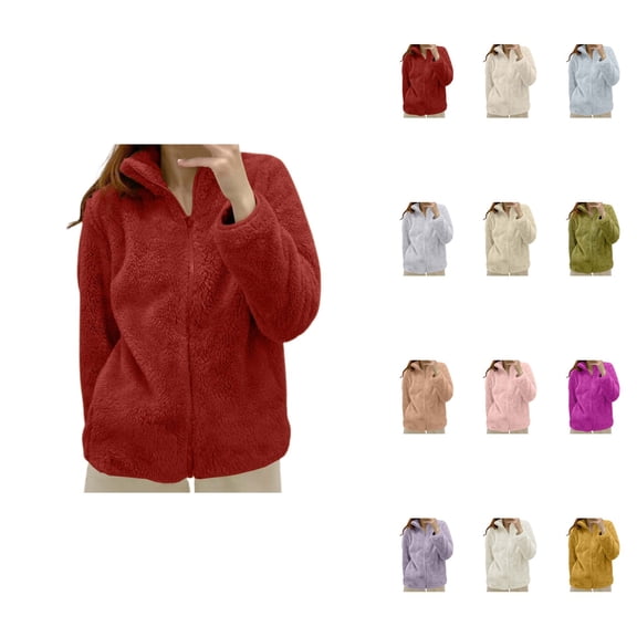 Women's Sherpa Full-Zip Jacket â Lightweight Loose Fit Cozy Thermal Outerwear with Collar, Solid Color Soft Sweatshirt Cardigan