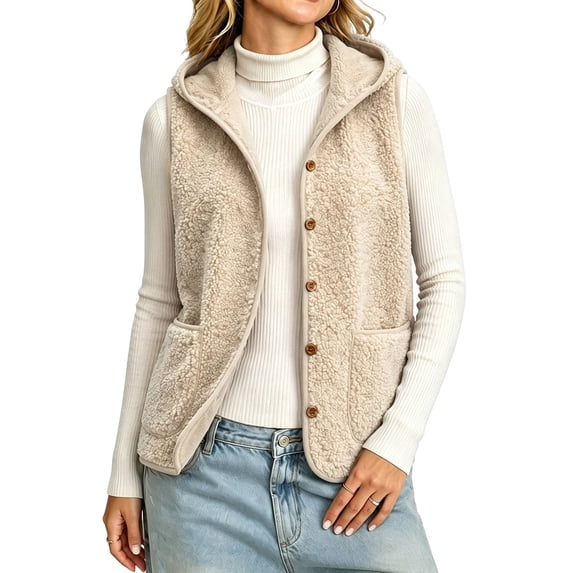Women's Sherpa Fleece Hooded Vest Warm Fuzzy Soft Sleeveless Button Down Loose Fit Oversized Cozy Chic Casual Gilet with Pockets Fall Winter Beige