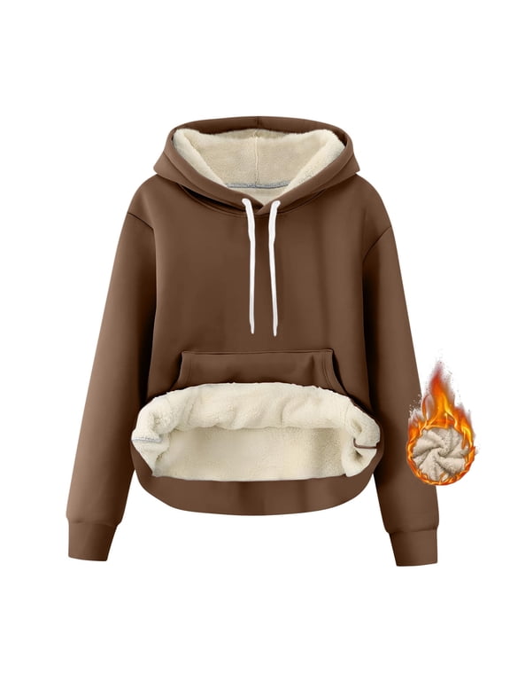 Women's Sherpa Fleece Hoodies Lined Pullover Fluffy Winter Warm Sweatshirts Solid Color Hooded Sweatshirt with Kangaroo Pocket