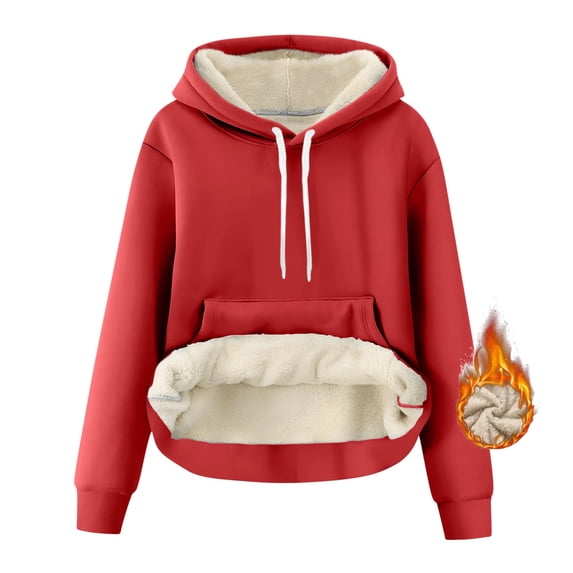 Women's Sherpa Fleece Hoodies Lined Pullover Fluffy Winter Warm Sweatshirts Solid Color Hooded Sweatshirt with Kangaroo Pocket