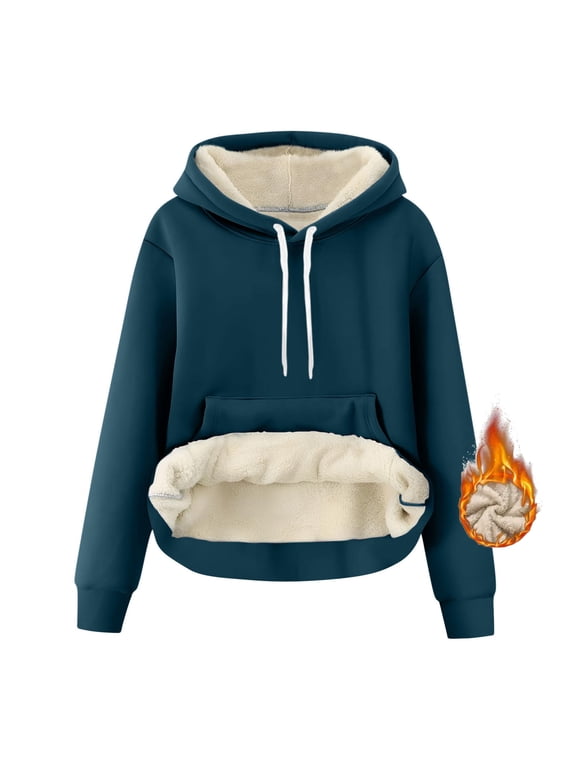 Women's Sherpa Fleece Hoodies Lined Pullover Fluffy Winter Warm Sweatshirts Solid Color Hooded Sweatshirt with Kangaroo Pocket