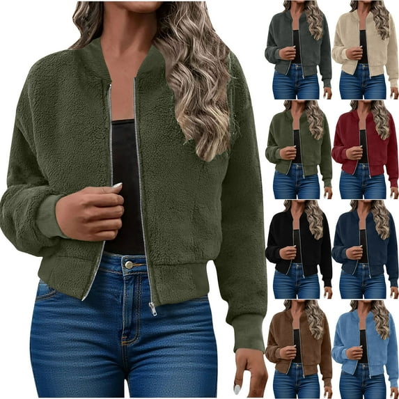 Women's Sherpa Fleece Jacket Casual Fuzzy Faux Shearling Zip Up Coats Fall Winter Warm Outwear with Pocket
